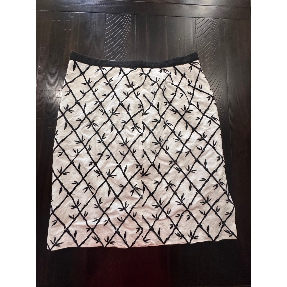 Talbots Women 10 White Black Bamboo Trellis Embroidered Pencil Skirt Side Zip